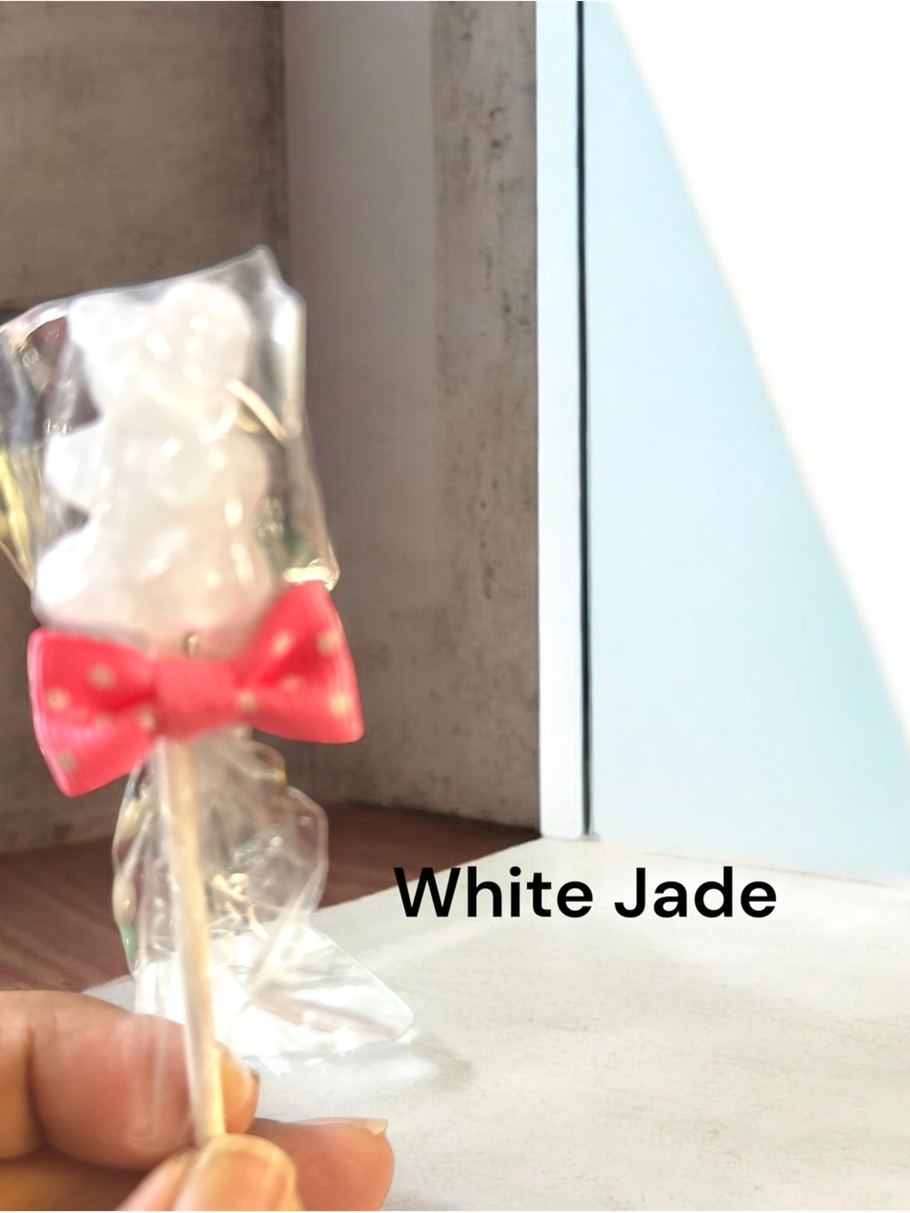 White Jade Teddy Bear Crystal Candy Stick with Pink Bow